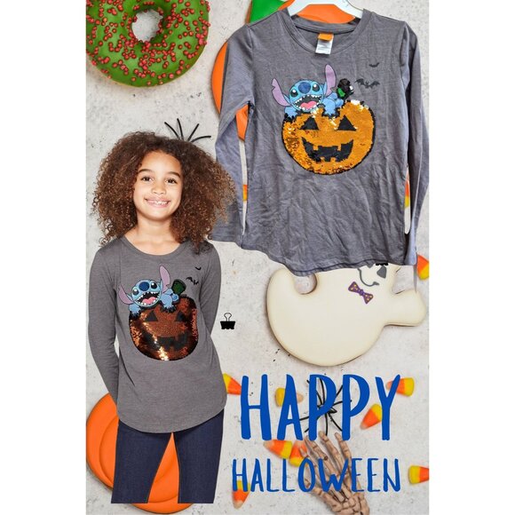 Girls' Lilo & Stitch Halloween Flip Sequin Long Sleeve T-Shirt - Charcoal L, Gre - Picture 1 of 13